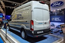 Ford E-Transit at the 2021 CV Show, rear view, silver