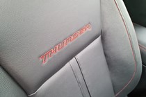 Ford Ranger Thunder review, 2020, embroidered front part-leather seat with Race Red stitching