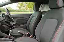 Ford Fiesta Sport Van vs Renault Zoe Van twin-test review, 2020, comparison test, Fiesta Van sports seats with red stitching