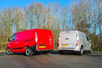 Best hybrid van UK 2021 - Ford Transit Custom PHEV vs LEVC VN5 comparison test, rear view, silver, red
