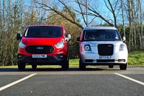 Best hybrid van UK 2021 - Ford Transit Custom PHEV vs LEVC VN5 comparison test, 2020, dead-on front view, red, silver