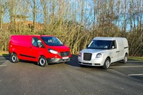 Best hybrid van UK 2021 - Ford Transit Custom PHEV vs LEVC VN5 comparison test - front view, high, red, silver