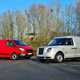 Best hybrid van UK 2021 - Ford Transit Custom PHEV vs LEVC VN5 comparison test, front view, red, silver