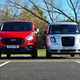 Best hybrid van UK 2021 - Ford Transit Custom PHEV vs LEVC VN5 comparison test, 2020, dead-on front view, red, silver