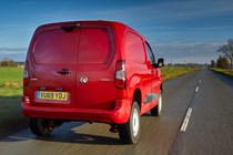 Vauxhall Combo Cargo 4x4 review, red, rear view, driving on road