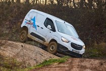 Vauxhall Combo Cargo 4x4 review, white, rear view, driving off-road, hill descent control