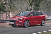 Red 2021 Ford S-Max Hybrid front three-quarter driving