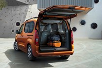 Copper 2021 Vauxhall Combo-e Life rear three-quarter with boot open