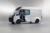 Arrival electric van, 2022, side view, sliding passenger door open, bulkhead door open, studio