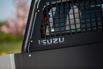 Isuzu D-Max Tipper review, 2021, rear gantry window protection with Isuzu logo