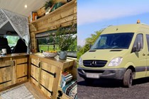 Split image of van conversion; on left, interior bedecked in natural wood, on the right the exterior of the Mercedes Sprinter