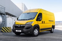 Vauxhall Movano-e electric van, front view, yellow