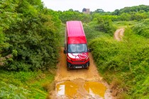 Iveco Daily 4x4 All-Road panel van, red, top view, descending slope into water