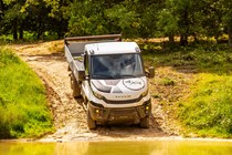 Iveco Daily 4x4 Off-Road chassis cab, white, front view, approaching deep water down slope