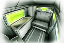 LEVC e-Camper electric campervan, on sale in 2021 - lounge and kitchen area design sketch