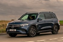Best electric family cars: Mercedes EQB front three quarter cornering, blue paint