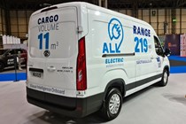 Maxus e Deliver 9 electric van at the CV Show 2021, rear view, white