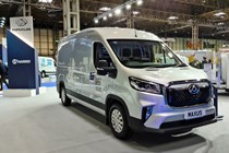 Maxus e Deliver 9 at the 2021 CV Show, front view, silver