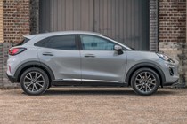 Best small hybrid cars 2024: Ford Puma side view static, grey paint