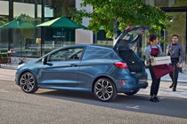 2021 Ford Fiesta Van facelift, rear view, Boundless Blue, being loaded