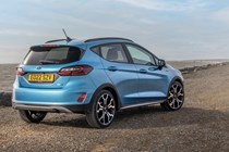 Ford Fiesta Active review - facelift Active X, Boundless Blue, rear view, on beach