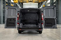 Nissan Primastar, rear view, doors open, load area, grey