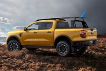 Ford Ranger Wildtrak X Flexible Rack System, extended position with a surfboard on top