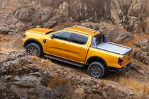 New Ford Ranger - driving off-road, top rear view, yellow, Wildtrak