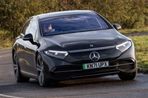 Mercedes-Benz EQS - long range EVs - black car, cornering