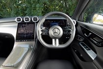 Mercedes GLC (2023) review: steering wheel and digital gauge cluster, black leather upholstery