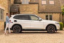 BMW electric cars - iX3 charging, white, side view