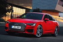 Audi A6 Saloon (2018-) UK rhd model in red - static exterior, front three-quarters