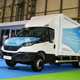 Iveco eDaily box van, front three quarter, on CV Show stand