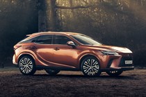 Lexus RX 450h+ (2023) review: front three quarter static, bronze car, woodland background