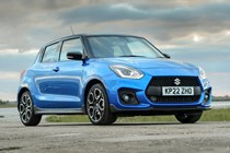 Suzuki Swift Sport (2023) review: front three quarter static, blue car