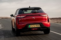 DS 3 E-Tense (2023) review: rear tracking, red car, parched background