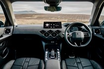 DS 3 E-Tense (2023) review: dashboard and infotainment system, black leather upholstery