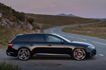 Audi RS4 Avant review, Competition, black, side showing lowered suspension