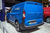 Ford E-Transit Courier, rear three quarter static, blue paint