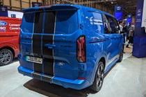 Ford E-Transit Custom, rear three quarter static, blue paint