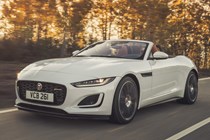 Jaguar F-Type Roadster - white, front tracking shot