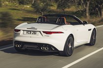 Jaguar F-Type Roadster - white, rear tracking shot