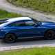 Mercedes GLC Coupe: side view cornering, blue paint, Alpine backdrop