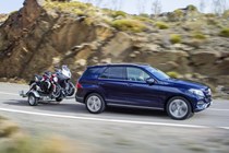 Mercedes-Benz GLE Class 4x4 (2015-) - lhd in blue towing a motorcycle trailer