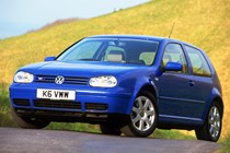 Volkswagen Golf Mk4 review: front three quarter static, blue paint, fields in background