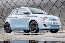 Most efficient electric cars: Fiat 500 electric, front three quarter static, blue grey paint