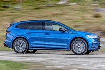 Most efficient electric cars: Skoda Enyaq iV, side view driving, blue paint