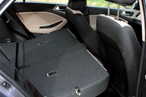 Hyundai i20 Hatchback (2015-) - UK rhd model, interior detail - rear passenger seats with both seats lowered