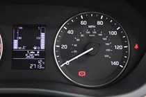 Hyundai i20 Hatchback (2015-) - UK rhd model, interior detail - dashboard showing speedo, fuel level and temps