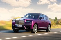 Rolls-Royce Cullinan (2024) review: front three quarter driving, purple paint